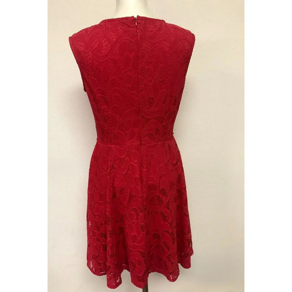 London Style Collection Dress Womens 8 Dark Pink Lace Overlay Fit & Flare - Picture 2 of 13